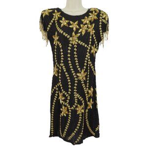 Vintage TJ Wear Womens Small Silk Black Gold Beaded Sequin Fringe Shoulder Dress